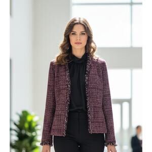 White House Black Market Womens Sz 10 Burgundy Tweed Fringe Blazer Heritage Chic